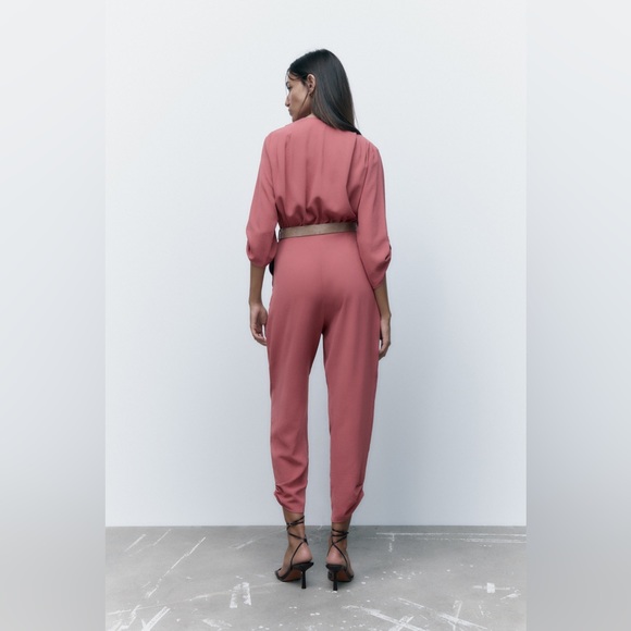 ZARA Blush Belted V-neck Jumpsuit - Picture 2 of 8